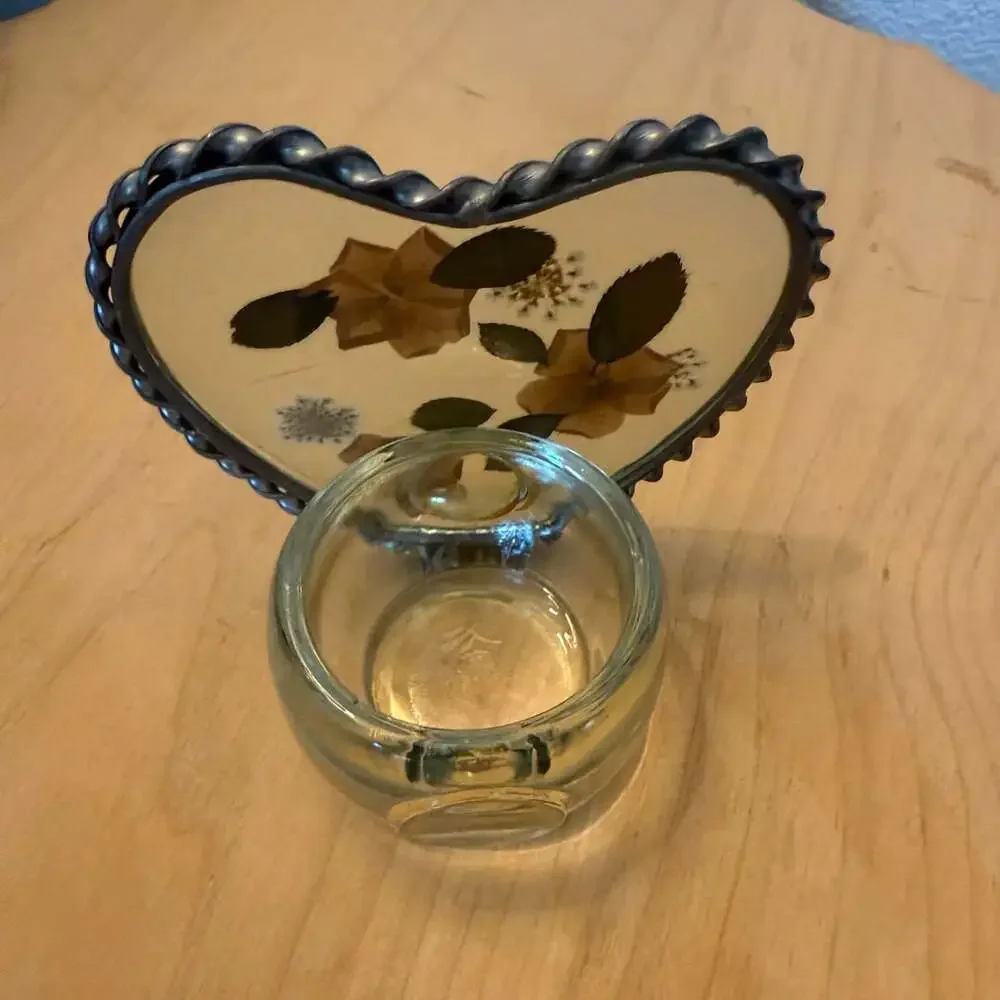 Vintage Pressed Flowers Resin Pewter Heart Votive Candle Holder